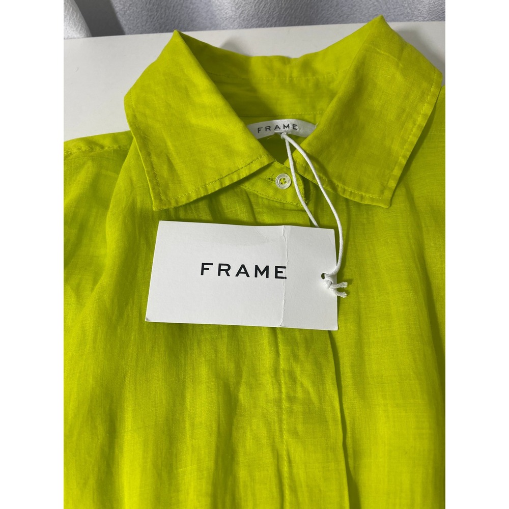 FRAME Smocked Shirt Dress Flash Lime Ramie Mini Puff Sleeve LWWD0591 Medium New - Picture 5 of 10
